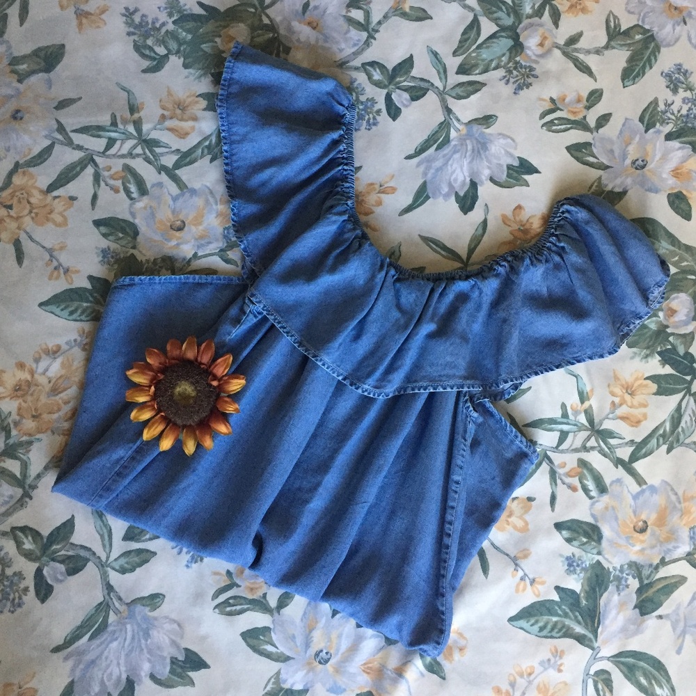 F21 Chambray Denim Off the Shoulder Ruffle Dress